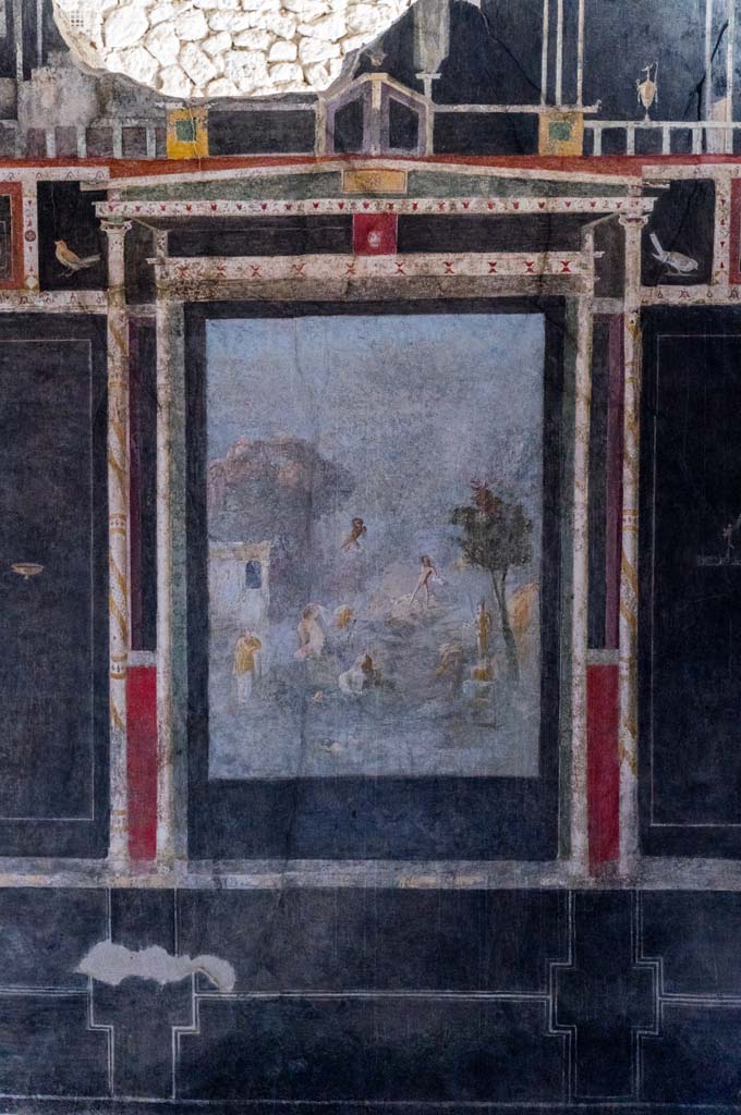 I.9.5 Pompeii. April 2022.
Room 10, west wall of triclinium. Painting of Acteon and Artemis, or Diana.
Photo courtesy of Johannes Eber.