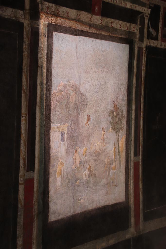 I.9.5 Pompeii. October 2024.
Room 10, west wall of triclinium with central painting of Acteon and Artemis, or Diana.
Photo courtesy of Klaus Heese
