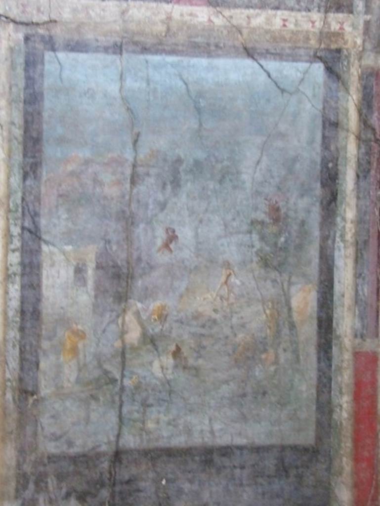 I.9.5 Pompeii. March 2009. Room 10, triclinium. West wall. Painting of Acteon and Artemis, or Diana. See Bragantini, de Vos, Badoni, 1981. Pitture e Pavimenti di Pompei, Parte 1. Rome: ICCD. (p.99). According to Peters, the painting had faded, but what remained of it justified the assumption that originally it must have been very beautiful. See Peters, W.J.T. (1963): Landscape in Romano-Campanian Mural Paintings.The Netherland, Van Gorcum & Comp. (p.85)