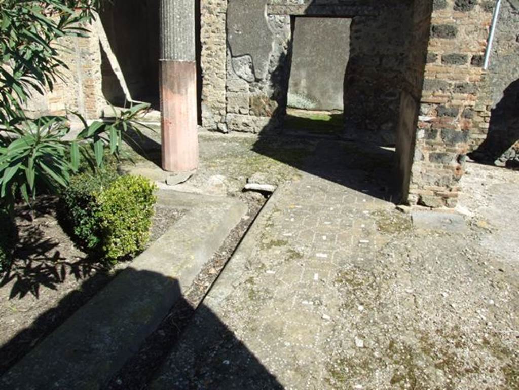 I.9.5 Pompeii. March 2009. Room 12. South side of peristyle, showing gutter and portico floor. Looking east.
