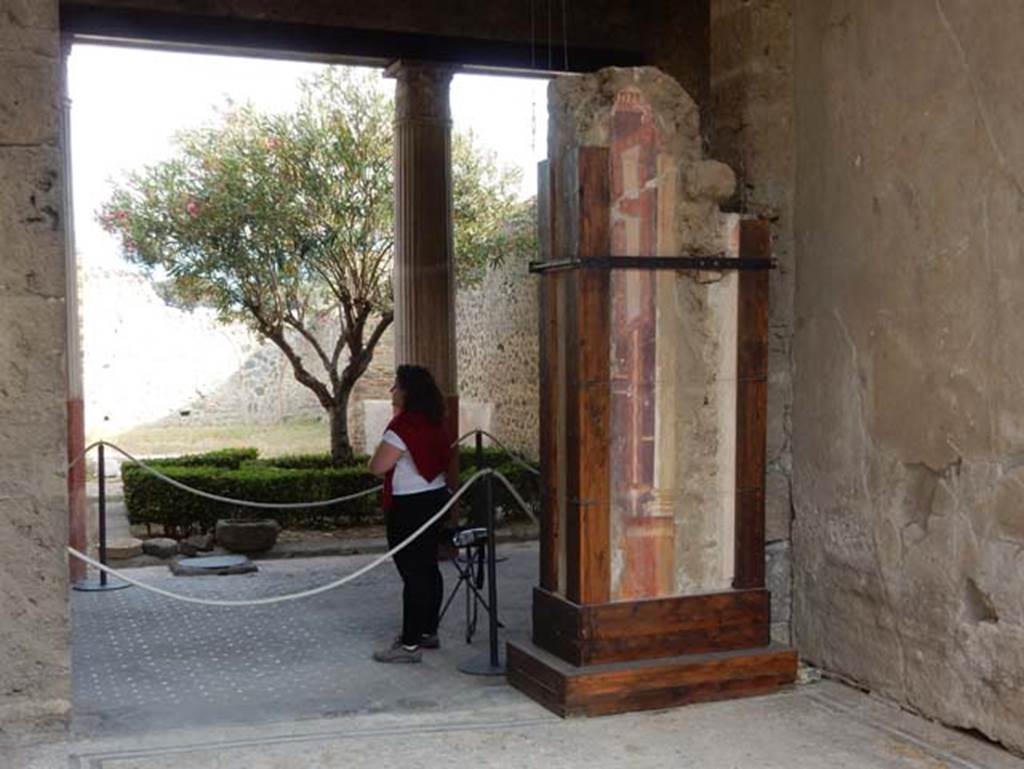 I.9.5 Pompeii. May 2017. Room 8, looking south towards the fragments of wall frescoed in II Style, fallen and found in the tablinum. Photo courtesy of Buzz Ferebee.