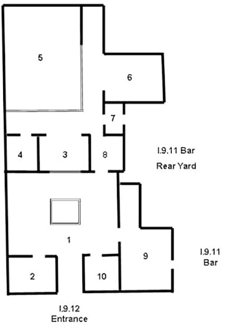 I.9.12 Pompeii. House of Amarantus. Lupanar of Q. Mestrius Maximus.
Room Plan.