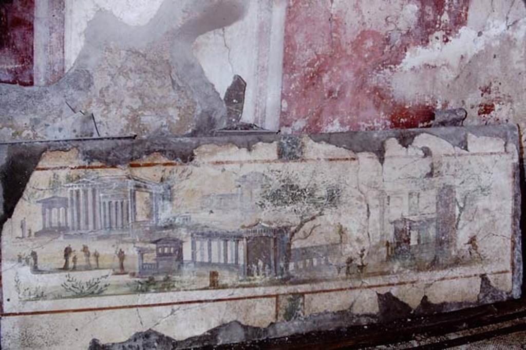 I.9.14 Pompeii. 1968. Landscape with three temples, found on the west wall of the west portico at its south end. Photo by Stanley A. Jashemski.
Source: The Wilhelmina and Stanley A. Jashemski archive in the University of Maryland Library, Special Collections (See collection page) and made available under the Creative Commons Attribution-Non Commercial License v.4. See Licence and use details. J68f1436 
See Carratelli, G. P., 1990-2003. Pompei: Pitture e Mosaici: Vol. II.  Roma: Istituto della enciclopedia italiana, p. 216. 
