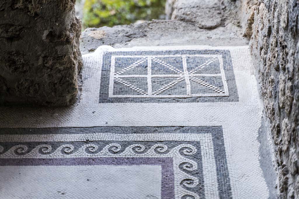 I.10.4 Pompeii. April 2022.
Room 47, looking west towards opening with detail of mosaic doorway threshold. Photo courtesy of Johannes Eber.