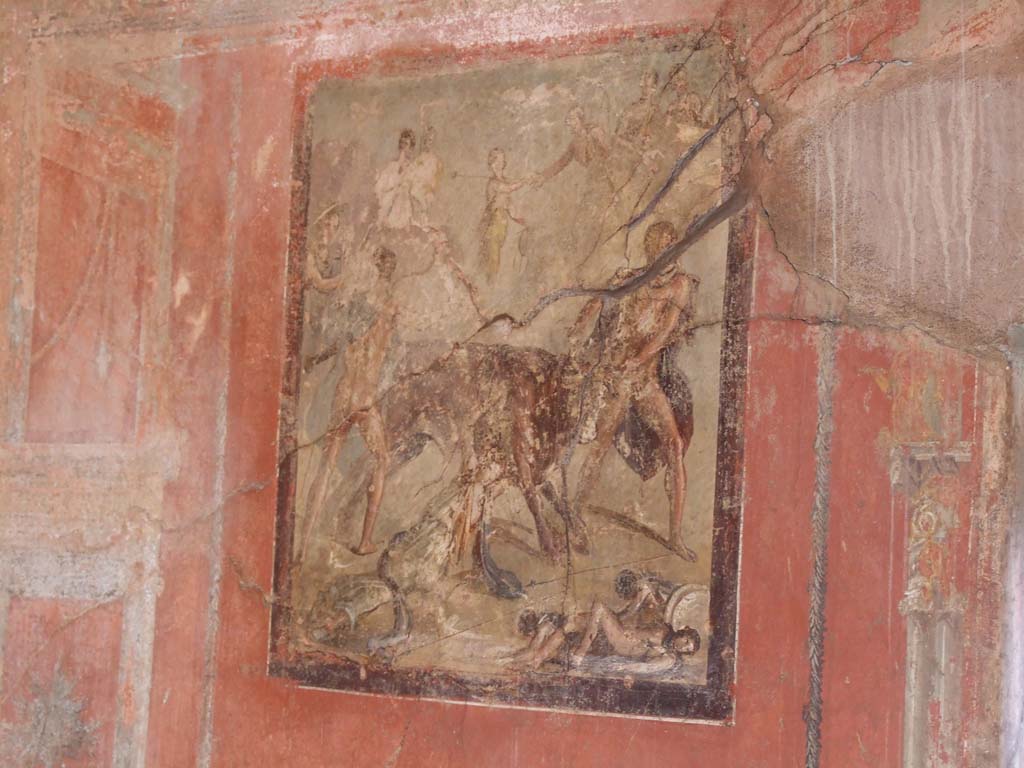 I.10.4 Pompeii. December 2006. Room 15, south wall. Wall painting of the Punishment of Dirce.
See Bragantini, de Vos, Badoni, 1981. Pitture e Pavimenti di Pompei, Parte 1. Rome: ICCD. (p.122).
See Ling, R, La Casa del Menandro, in Menander, La Casa del Menandro di Pompei. Edited by G. Stefani. Milan: Electa, 2003 (p. 10-45).
