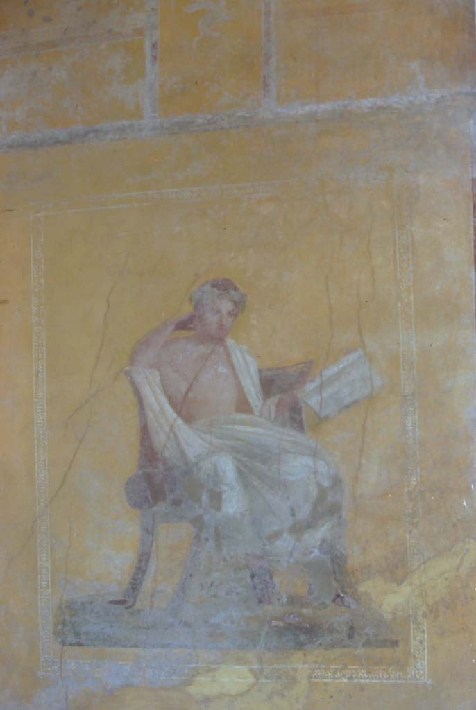 I.10.4 Pompeii, 7th August 1976. Alcove 23, west wall with wall painting of poet.
Photo courtesy of Rick Bauer, from Dr George Fay’s slides collection.
