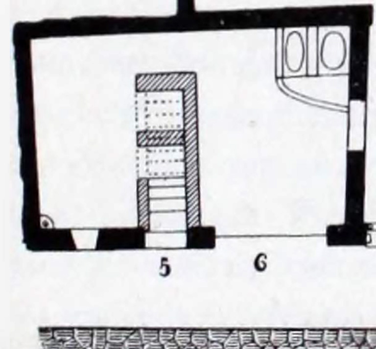 I.10.6 Pompeii. Plan with stairs at I.10.5 from Notizie degli Scavi, 1934, p.277.
For details of “finds” from this house, (including I.10.5)
See Allison, P.M. (2006). The Insula of the Menander at Pompeii: Vol. III The finds, Clarendon Press, Oxford, ((p.154-157 & p.335-6)
See Online Companion with details and photographs of finds from I.10.6.