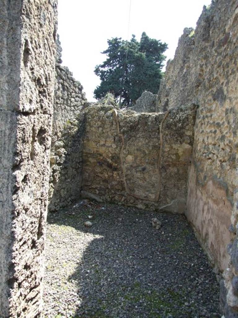 I.10.8 Pompeii. March 2009. Room 8, looking south.
NdS describes this room as trapezoidal with a high zoccolo of red brick-plaster, and the upper part of the wall being white.
See Notizie degli Scavi di Antichità, 1934, p.314
