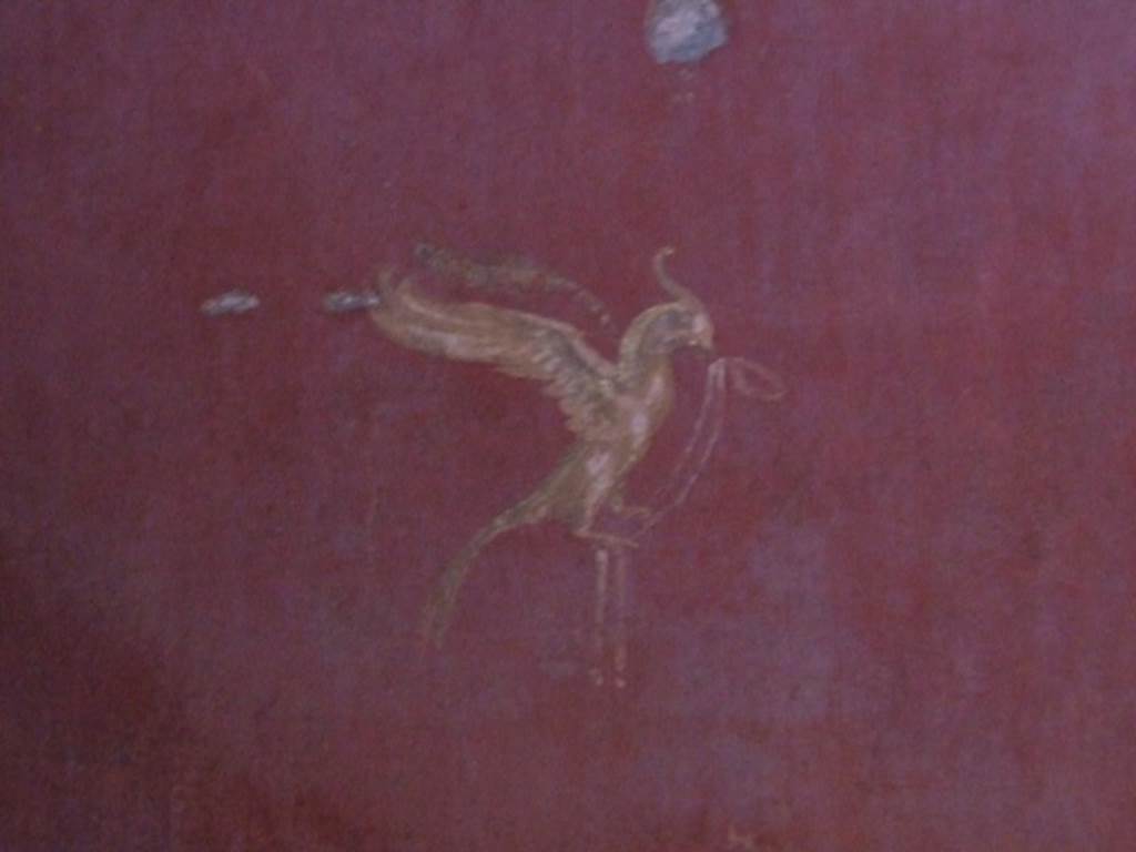 I.10.11 Pompeii. March 2009. Room 9, north end of east wall of cubiculum.
Painting of a bird with a ribbon in its beak. See Bragantini, de Vos, Badoni, 1981. Pitture e Pavimenti di Pompei, Parte 1. Rome: ICCD. (p.141).