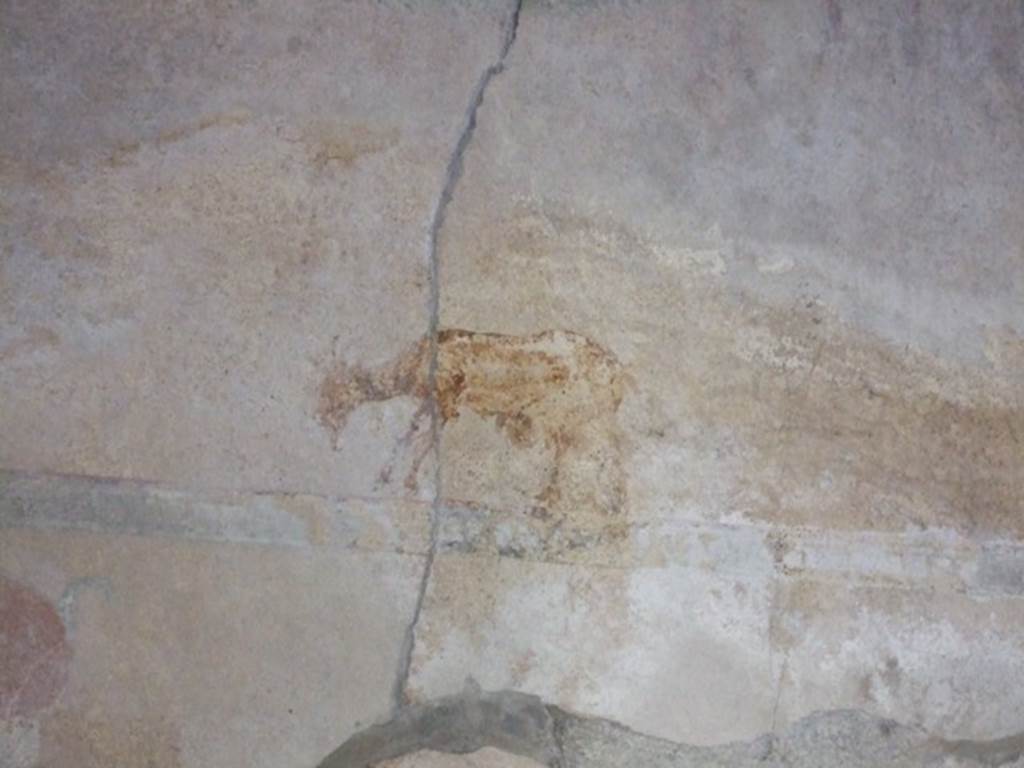 I.10.11 Pompeii. March 2009. Room 12. Cubiculum. East wall. Upper part. Painting of goat.