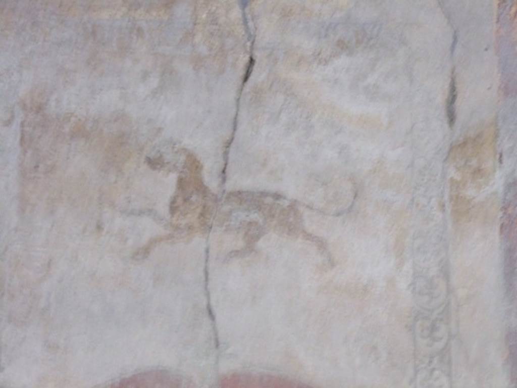 I.10.11 Pompeii. March 2009. Room 12. Cubiculum. East wall. Upper part. Painting of panther.