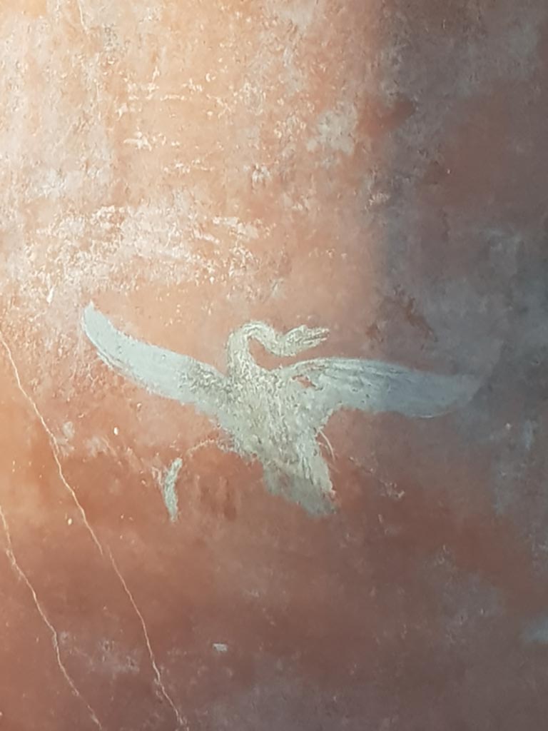 I.10.11 Pompeii. October 2022.
Room 12, painting of a swan from west end of south wall. Photo courtesy of Klaus Heese.