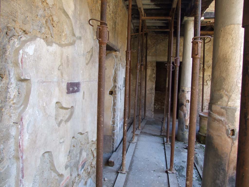 I.10.11 Pompeii. March 2009. Room 10, looking south along east wall of peristyle.
On the left is the wall plaster between rooms 12 and 13, with painted panel of ducks, see photo immediately below.
In the middle of the photo would be the wall south of room 13, where the well-known graffito CIL IV 8408 a-c comes from.
This graffito, also on a “violet” panel with paintings of ducks is shown in the two photos below the one underneath.