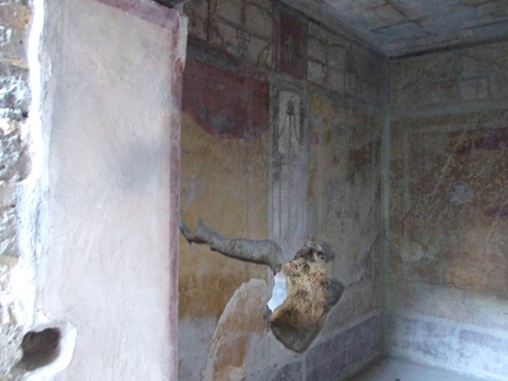 I.10.11 Pompeii. March 2009. Room 13, north wall of cubiculum, with evidence of burning of painted plaster during eruption. See Allison, P.M., 2004. Pompeian Households: An analysis of the material culture. Los Angeles: UCLA Cotsen Institute. (P.22: F2.8).