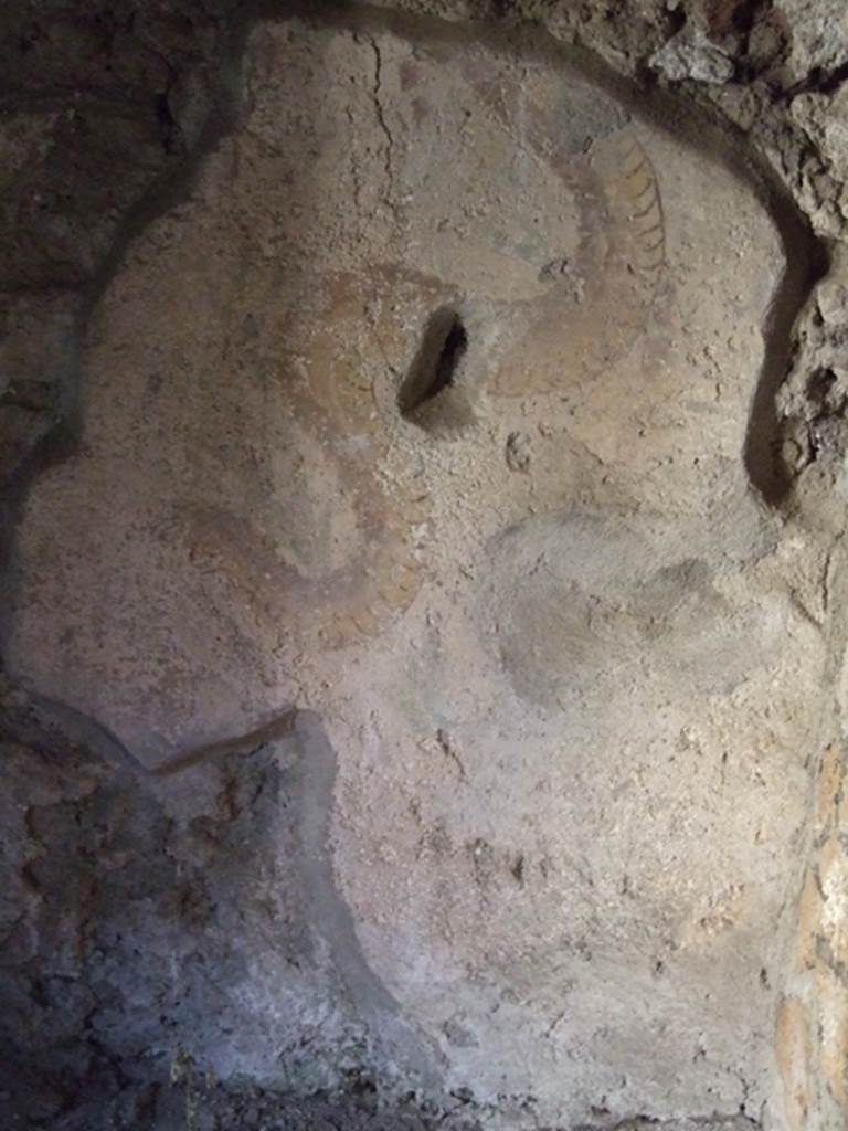 I.10.11 Pompeii. March 2009. Room 15, remains of painted serpent from lararium painting on east wall of kitchen. According to Boyce, on the wall below the niche were two brown and yellow painted serpents. They approached a painted altar of imitation red and yellow marble, one from either side. Plants with red flowers formed the background. See Boyce G. K., 1937. Corpus of the Lararia of Pompeii. Rome: MAAR 14. (p.29, no.59 and Pl.10, 2).