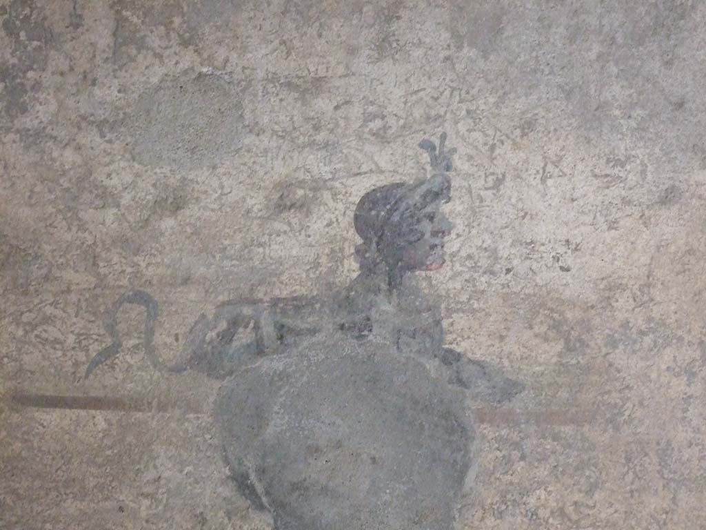 I.10.11 Pompeii. March 2009. Room 7, painting of sphinx from centre of panel at east end of south wall of cubiculum.
See Bragantini, de Vos, Badoni, 1981. Pitture e Pavimenti di Pompei, Parte 1. Rome: ICCD. (p.143).