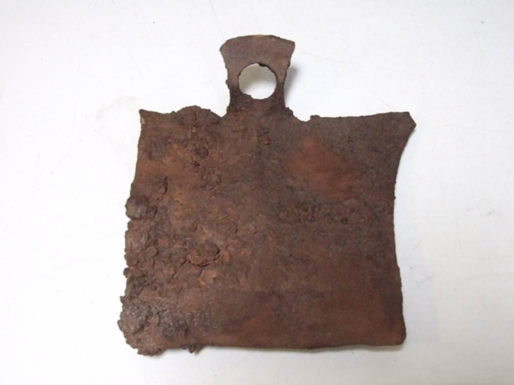 I.10.16 Pompeii. March 2009. Iron spade. According to Jashemski the very large number of agricultural tools found in the atrium and cubiculum would indicate that the labourers lodged in the servants’ quarters and went out during the day to work the owner’s fields, which lay outside the city walls. See Jashemski, W. F., 1993. The Gardens of Pompeii, Volume II: Appendices. New York: Caratzas. (p.48). SAP inventory number 20755.