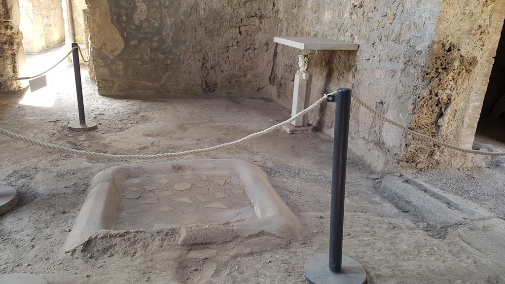 I.10.16 Pompeii. August 2023.
Looking south across impluvium in atrium towards south wall, and doorway leading towards I.10.14, I.10.13 and I.10.4.
Photo courtesy of Maribel Velasco.