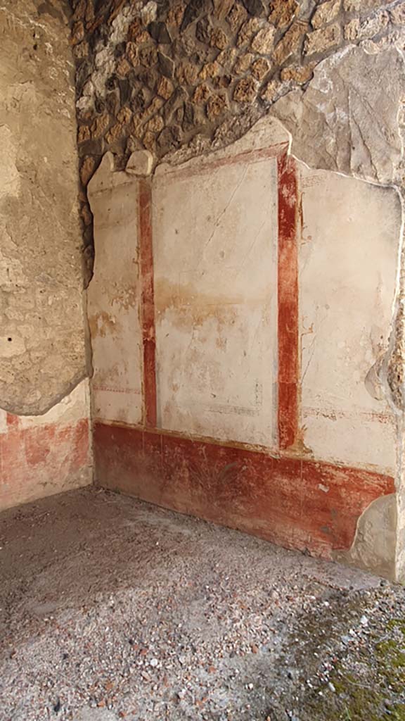 I.11.1 Pompeii. July 2021.
South wall of ala with painted plant (?an iris) in the centre of the zoccolo of the lower wall.
In the middle of both of the side panels in the middle zone would have been a flying griffin.
There would have been a central painting in the middle of the wall but this was never documented prior to its fading and becoming illegible.
Foto Annette Haug, ERC Grant 681269 DÉCOR.