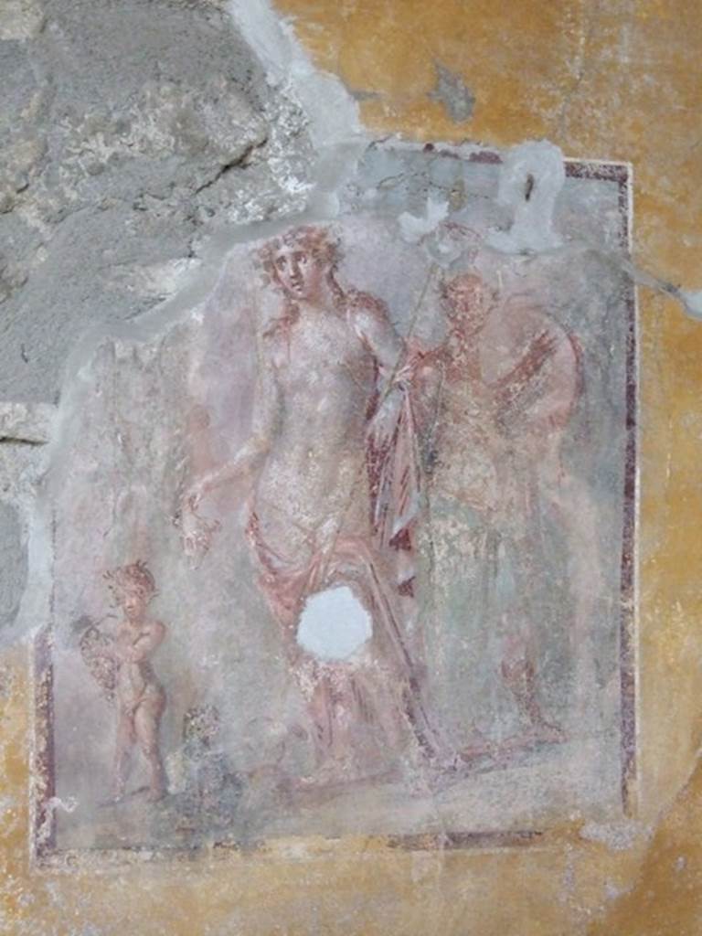 I.11.6 Pompeii. March 2009. Room 5, south wall of tablinum.
Wall painting of Dionysus with Silenus, tambourine and satyr..
See Bragantini, de Vos, Badoni, 1981. Pitture e Pavimenti di Pompei, Parte 1. Rome: ICCD. (p.153).
Kuivalainen describes –
A composition of two adult figures and a child.
In the middle stands a youth with his weight of his right foot; he wears a red cloak with blue edgings, covering his thighs and wrapping around to the left elbow; his curly hair with a wreath is parted in the middle and falls to his shoulders; he looks into the distance; in his left arm he holds a thyrsus with ribbons and pine cone on the top, while in the right hand he holds a cantharus, from which he pours wine onto a sitting panther. In front of the youth, to the left, stands a small naked satyr with a pine wreath on his head., holding a bunch of grapes in both hands. Behind the youth, on the right, stands a Silenus wearing a light blue cloak covering his legs; he strikes the tambourine with his right hand, supporting it with his left, against his shoulder.
Kuivalainen comments –
A nonchalant Bacchus accompanied by a musician Silenus and a mini thiasus. The small satyr may be Comus.
See Kuivalainen, I., 2021. The Portrayal of Pompeian Bacchus. Commentationes Humanarum Litterarum 140. Helsinki: Finnish Society of Sciences and Letters, (F9, p.165).