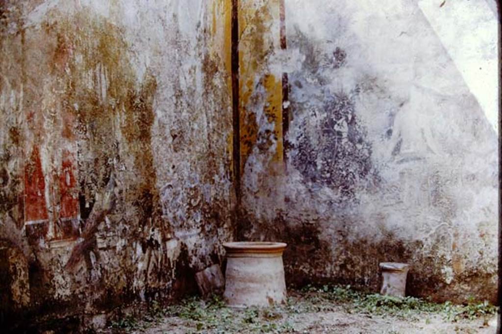 I.11.6 Pompeii. 1972. Room 6, painted decoration in south-west corner. Photo by Stanley A. Jashemski.
Source: The Wilhelmina and Stanley A. Jashemski archive in the University of Maryland Library, Special Collections (See collection page) and made available under the Creative Commons Attribution-Non Commercial License v.4. See Licence and use details. J72f0495