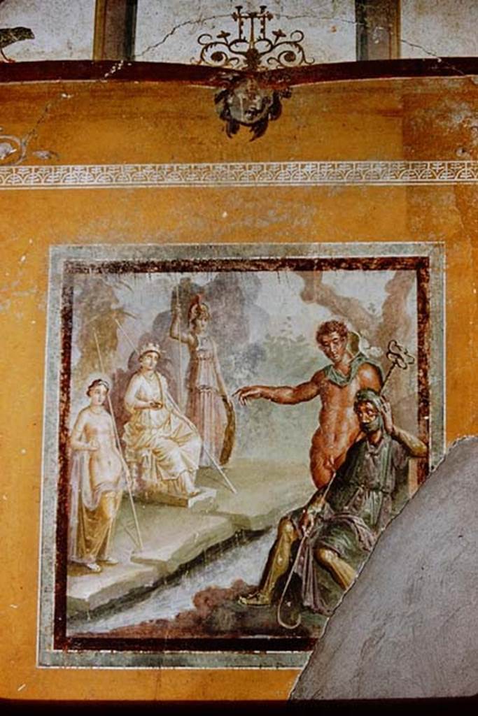 I.11.6 Pompeii. 1959. Room 7, wall painting of the Judgement of Paris, from north wall of triclinium. Photo by Stanley A. Jashemski.
Source: The Wilhelmina and Stanley A. Jashemski archive in the University of Maryland Library, Special Collections (See collection page) and made available under the Creative Commons Attribution-Non Commercial License v.4. See Licence and use details.
J59f0488