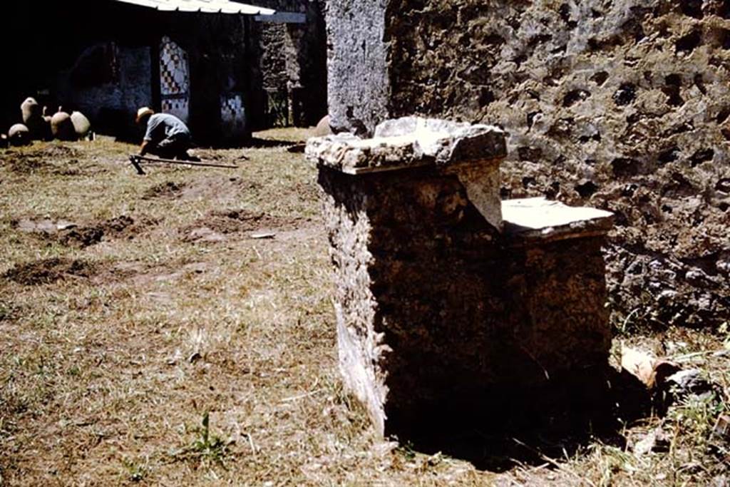 I.11.10 Pompeii. 1964. Masonry altar with shelf at rear for utensils, in north-east corner of garden.  Photo by Stanley A. Jashemski.
Source: The Wilhelmina and Stanley A. Jashemski archive in the University of Maryland Library, Special Collections (See collection page) and made available under the Creative Commons Attribution-Non Commercial License v.4. See Licence and use details.
J64f1540
