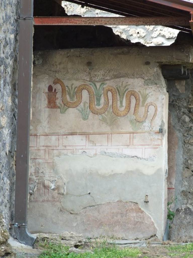 I.11.11 Pompeii. March 2009. Lararium on exterior south wall of latrine. The lower zone was a painted wall in imitation stone. In the middle zone was painted block work.
Above, a serpent approached a round altar from the left, passing through perennial plants.
See Fröhlich, T., 1991. Lararien und Fassadenbilder in den Vesuvstädten. Mainz: von Zabern. (L22, T:27,1).