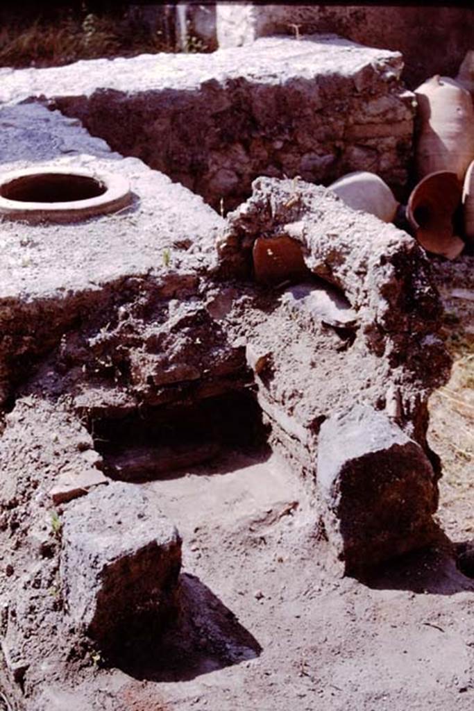 I.11.11 Pompeii. 1964. Rear of counter and hearth. Photo by Stanley A. Jashemski.
Source: The Wilhelmina and Stanley A. Jashemski archive in the University of Maryland Library, Special Collections (See collection page) and made available under the Creative Commons Attribution-Non Commercial License v.4. See Licence and use details.
J64f1798