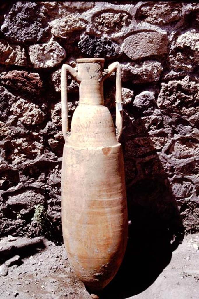 I.11.11 Pompeii. 1964. Amphora addressed “to the copo, Euxinus, near the ampitheatre at Pompeii” Photo by Stanley A. Jashemski.
According to Wilhelmina, “among the many amphorae found during the excavation of the counter-room were three that gave the name and address of the owner of the caupona”.
See Jashemski, W. F., 1979. The Gardens of Pompeii. New York: Caratzas. (p.172)
Source: The Wilhelmina and Stanley A. Jashemski archive in the University of Maryland Library, Special Collections (See collection page) and made available under the Creative Commons Attribution-Non Commercial License v.4. See Licence and use details. J64f1554