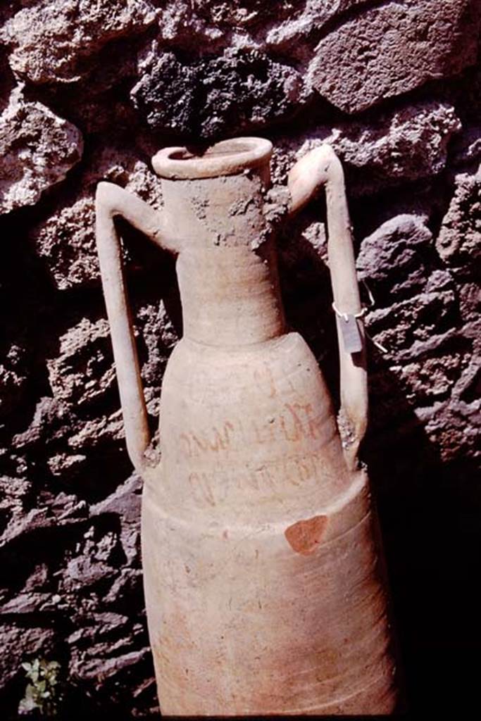 I.11.11 Pompeii. 1964. Detail from amphora addressed “to the copo, Euxinus, near the ampitheatre at Pompeii”. Photo by Stanley A. Jashemski.
Source: The Wilhelmina and Stanley A. Jashemski archive in the University of Maryland Library, Special Collections (See collection page) and made available under the Creative Commons Attribution-Non Commercial License v.4. See Licence and use details. J64f1555