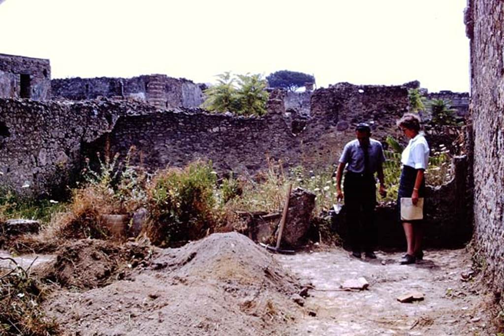 I.11.14 Pompeii. 1966. Looking south across excavations in garden area near south and west walls. The low demolished wall is the boundary wall between two gardens, the other garden being I.11.12. Photo by Stanley A. Jashemski.
Source: The Wilhelmina and Stanley A. Jashemski archive in the University of Maryland Library, Special Collections (See collection page) and made available under the Creative Commons Attribution-Non Commercial License v.4. See Licence and use details.
J66f0508