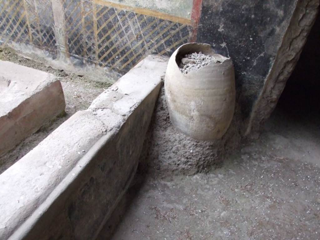I.11.16 Pompeii. December 2007. Room 6, painting of trellis on east wall of triclinium and pot at end of passageway, room 9.