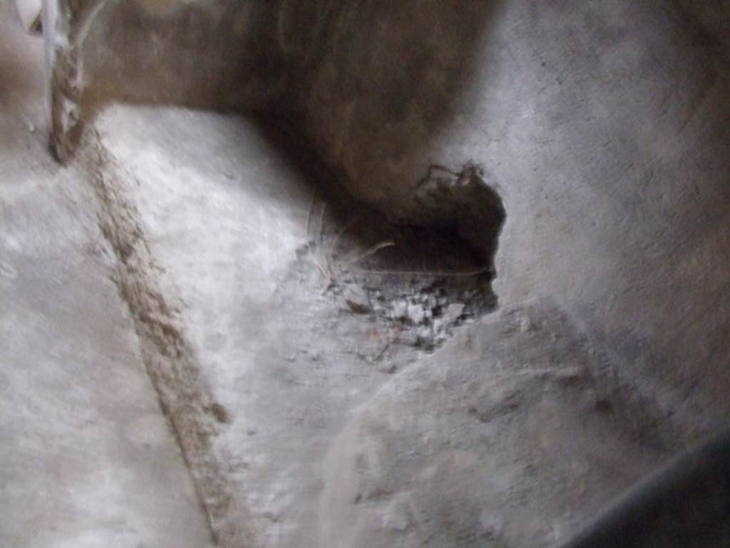 I.11.16 Pompeii. December 2007. Room 7. According to Packer, the ceiling of this room was only 2.80m above the floor level. A ledge ran along the west side, and there was a small basin in the north-west corner. A lead pipe with only a single break apparently filled this basin with rain-water, and in the centre of the west wall behind the ledge was a triangular opening which appeared to be a drain. An arch extending the length of the hall supported the ceiling on the west side of the room.
See Packer, J: Inns at Pompeii: a short survey, in Cronache Pompeiane IV-1978 (p.18-24)