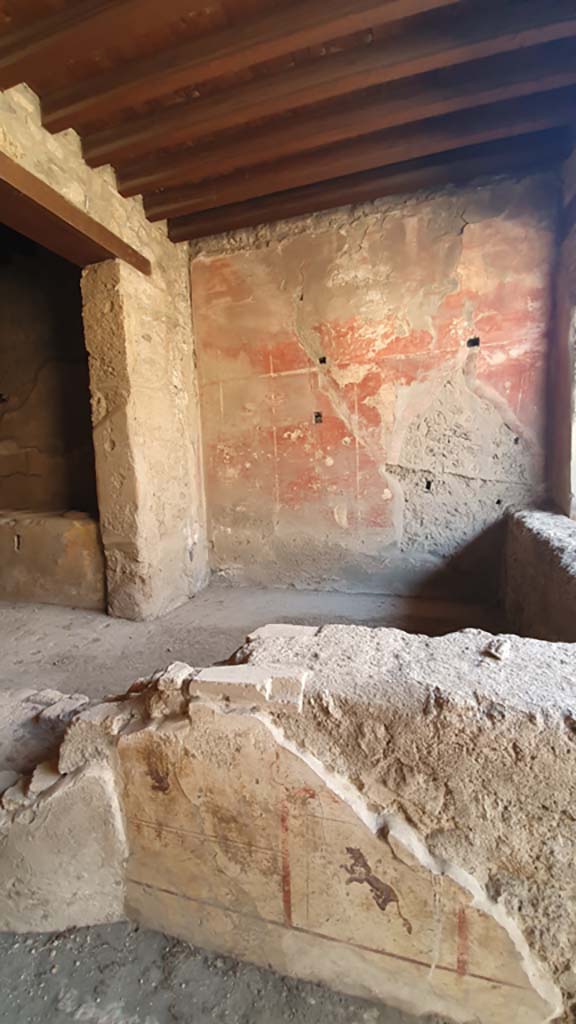 I.12.3 Pompeii. July 2021.
East side of counter with painted decoration, looking towards west wall.
Foto Annette Haug, ERC Grant 681269 DÉCOR