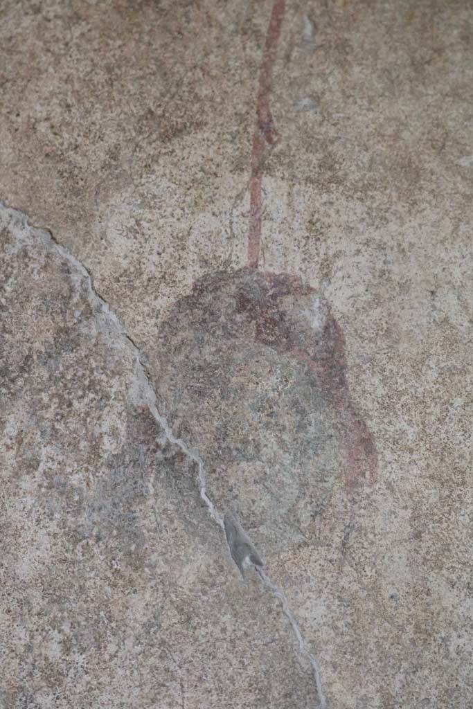 I.12.5 Pompeii. December 2018.
Detail of painted mask on west side of north wall of cubiculum. Photo courtesy of Aude Durand.