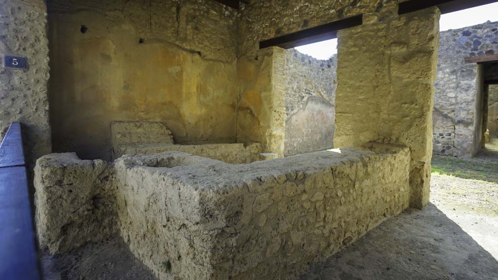 I.12.5 Pompeii. August 2021.
Looking towards east wall, and counter with shelving for displaying drinking vessels. Photo courtesy of Robert Hanson.