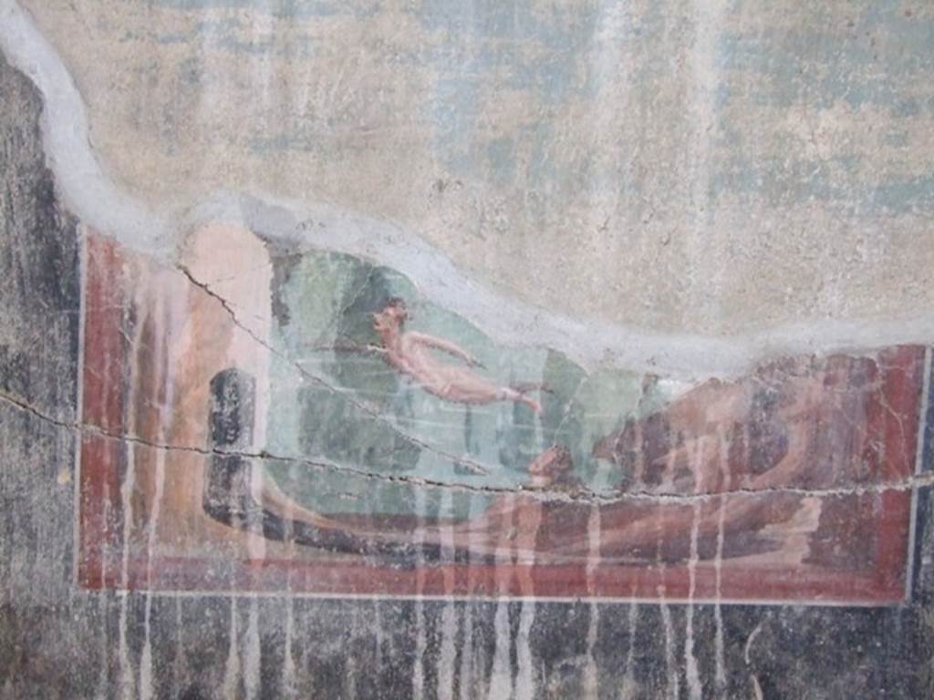 I.12.11 Pompeii. December 2007. Triclinium on the west side of the tablinum area. Remains of wall painting of Hero and Leander.