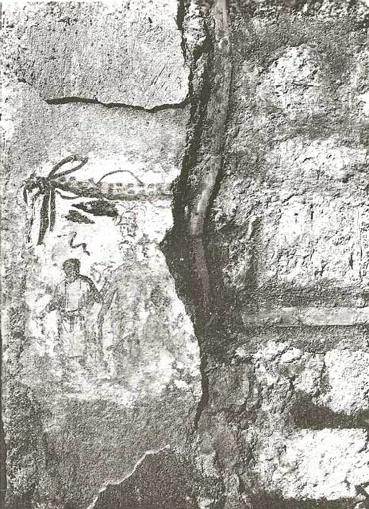 I.12.11 Pompeii. 1962. East of entrance doorway on Via di Castricio. Lararium painting of Hercules and possibly Minerva to right of entrance. See Fröhlich, T., 1991. Lararien und Fassadenbilder in den Vesuvstädten. Mainz: von Zabern. (F12, p.311). See Bragantini, de Vos, Badoni, 1981. Pitture e Pavimenti di Pompei, Parte 1. Rome: ICCD. (p.176). Photograph courtesy of Soprintendenza Speciale per i Beni Archeologici di Napoli e Pompei.
