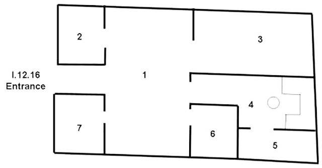 I.12.16 Pompeii. House with painted labrum.
Room Plan.