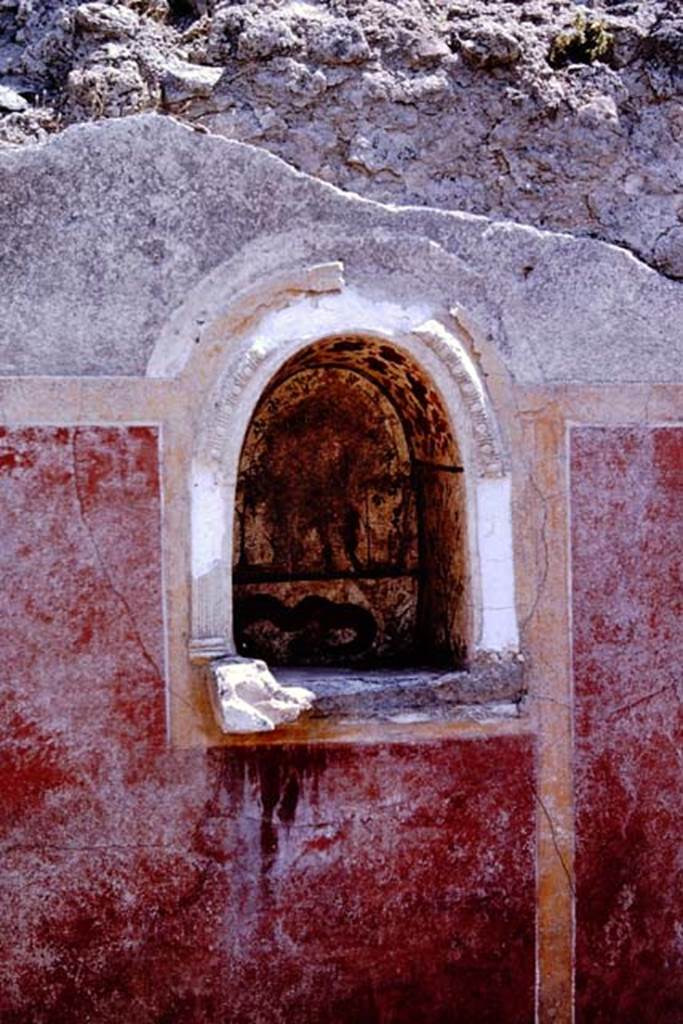 I.12.16 Pompeii. 1964. Painted niche in south wall. Photo by Stanley A. Jashemski.
Source: The Wilhelmina and Stanley A. Jashemski archive in the University of Maryland Library, Special Collections (See collection page) and made available under the Creative Commons Attribution-Non Commercial License v.4. See Licence and use details.
J64f1717
