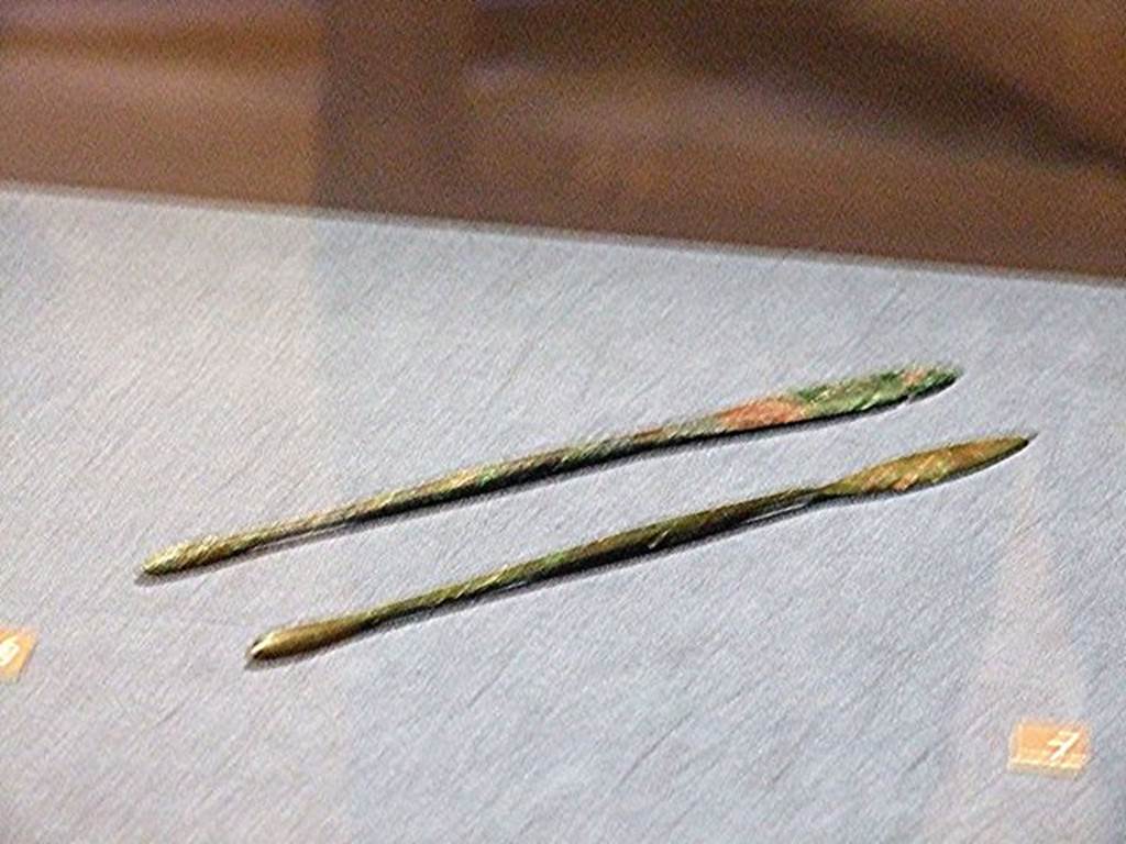 I.13.2 Pompeii. Bronze medical probe or Sonda (at front). SAP 11527. Photographed at “A Day in Pompeii” exhibition at Melbourne Museum. September 2009.
