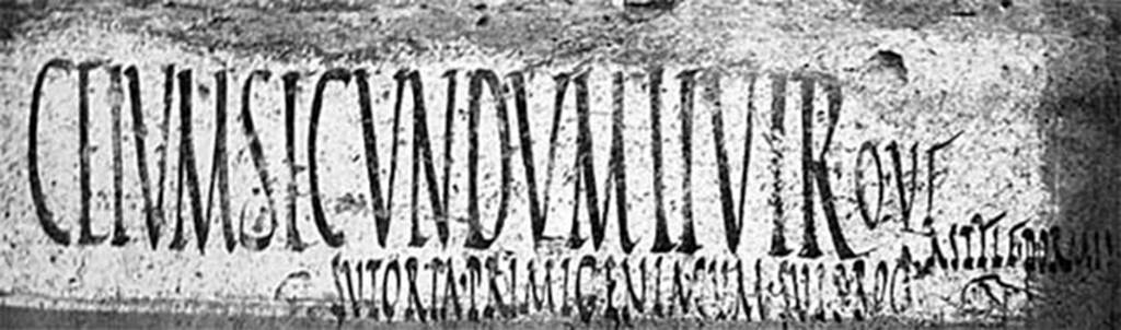 I.13.3 Pompeii. According to Varone and Stefani, also found on the left of the doorway was CIL IV 7464. 

Ceium Secundum IIvir(um) o(ro) v(os) f(aciatis) 
Sutoria Primigenia cum suis rog(at) 
Astyle dormi(enti)s       [CIL IV 7464]

See Varone, A. and Stefani, G., 2009. Titulorum Pictorum Pompeianorum, Rome: L�erma di Bretschneider, (p.156-7)
See Epigraphik-Datenbank Clauss/Slaby (www.manfredclauss.de).


