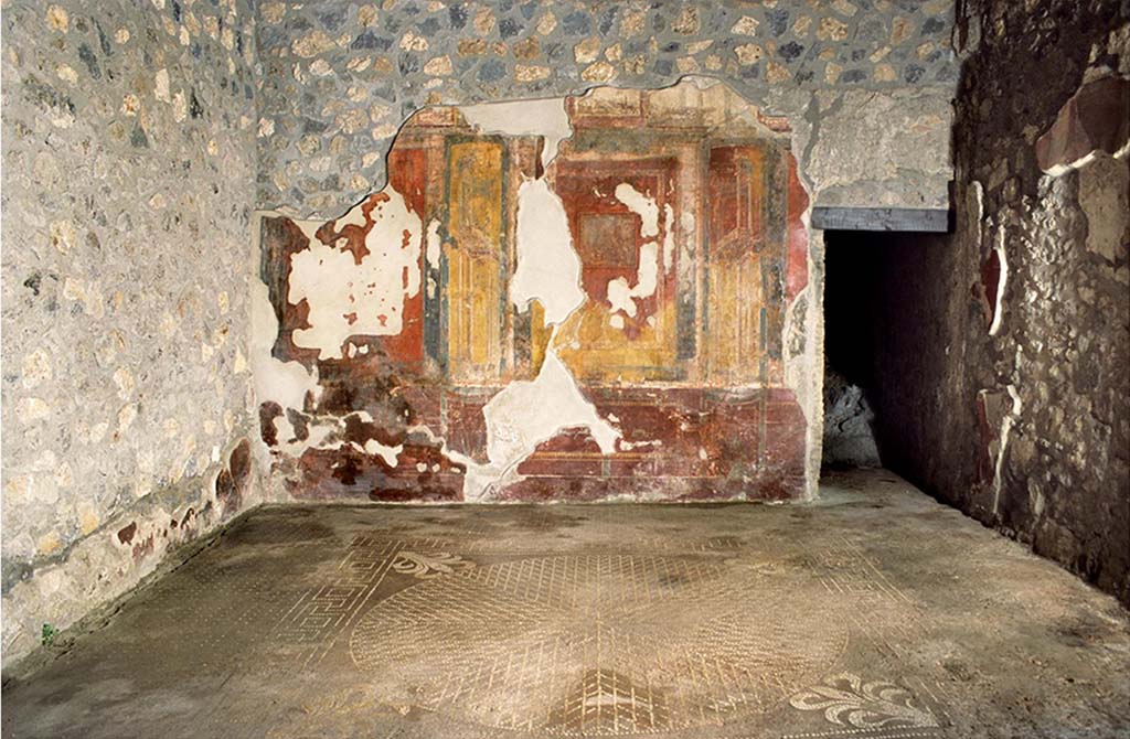 I.14.2 Pompeii. Room H, east wall and mosaic floor. Fig. 161 Oecus H, vue ouest / est (© CNRS-CCJ, Christine Durand).
Voir Chapitre 2 : L’atelier de fabrication de nattes de la via di Nocera (I 14, 2) in Magali Cullin-Mingaud, 2010. La vannerie dans l'Antiquité romaine: Collection du Centre Jean Bérard 35. Paris. Centre Jean Berard, p. 129-171, fig. 161.
https://books.openedition.org/pcjb/706
According to Nappo, the floor of the wide room 4.80m x 4.60m consists of a very particular cocciopesto with decoration outlined in white tiles: a wide fillet band with regular dots encloses a square carpet with an edge consisting of meanders alternating with squares with centre point. The field encloses a rosette of diamonds clearly divided in four parts, in correspondence with the lanceolate tip of the palmettes placed in the corner at the plumes.
Il pavimento dell'ambiente ampio m 4,80 x 4,60 è costituito da un particolarissimo cocciopesto con ornato delineato in tessere bianche: un'ampia fascia di raccordo con punteggiato regolare racchiude un tappeto quadrato con bordo costituito da meandri alternati a quadrati con punto centrale. Il campo racchiude un rosone di rombi chiaramente suddiviso in 4/ 4 in corrispondenza della punta lanceolata delle palmette sistemate negli angoli in corrispondenza dei pennacchi.
See Nappo S. C., 2000. Nuovi pavimenti in cocciopesto con decorazione geometrica da recenti scavi nella Regio I di Pompei. AISCOM VII, 2000, p. 344-5, fig. 1.