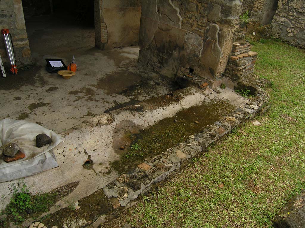 I.14.2 Pompeii. July 2008. Area L, west side, looking south. Photo courtesy of Guilhem Chapelin.
According to Jashemski – “ a gutter along the west side of the house carried rain-water to a cistern under the stairs”
See Jashemski, W. F., 1993. The Gardens of Pompeii, Volume II: Appendices. New York: Caratzas. (p.59)