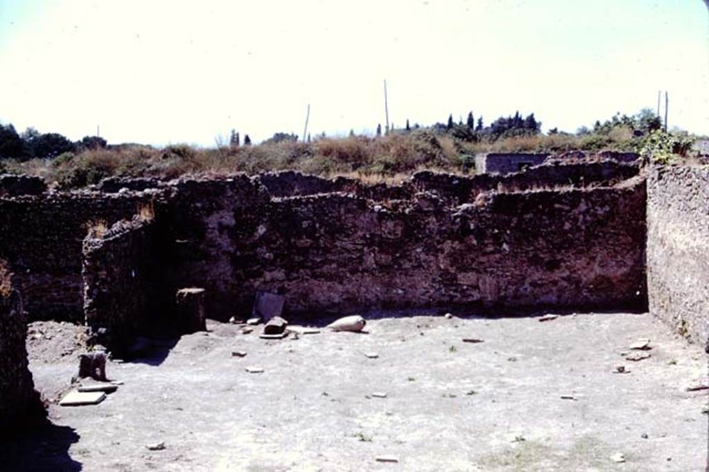 I.14.2 Pompeii. 1972. Looking west across garden area with root cavities safely under the stones. Photo by Stanley A. Jashemski.
Source: The Wilhelmina and Stanley A. Jashemski archive in the University of Maryland Library, Special Collections (See collection page) and made available under the Creative Commons Attribution-Non Commercial License v.4. See Licence and use details. J72f0688
According to Wilhelmina, “49 root cavities were found, 4 of these being large trees located at the edges of the garden. The others, excepting those found near the triclinium and an additional clump near the limestone block, were irregularly spaced in 5 rows running lengthwise in the garden, and these cavities were probably those of trees. There were also carbonized beans found in the garden, as well as carbonized figs and olive pollen”.
See Jashemski, W. F., 1993. The Gardens of Pompeii, Volume II: Appendices. New York: Caratzas. (p.59)