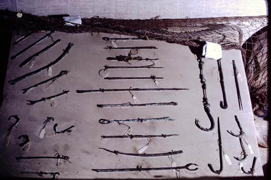 Pompeii. 1972. Variety of hooks. Photo by Stanley A. Jashemski.
Source: The Wilhelmina and Stanley A. Jashemski archive in the University of Maryland Library, Special Collections (See collection page) and made available under the Creative Commons Attribution-Non Commercial License v.4. See Licence and use details.
J72f0517
According to Wilhelmina,
“The large fishhooks (preserved length 6cm) that she discovered in a root cavity in I.14.2 indicated that it had been used for catching ocean fish of 18lbs or more in size.
A terracotta watering pan for birds or small animals attested to the presence of pets in the garden”.
See Jashemski, W. F., 1993. The Gardens of Pompeii, Volume II: Appendices. New York: Caratzas, (p.60)
