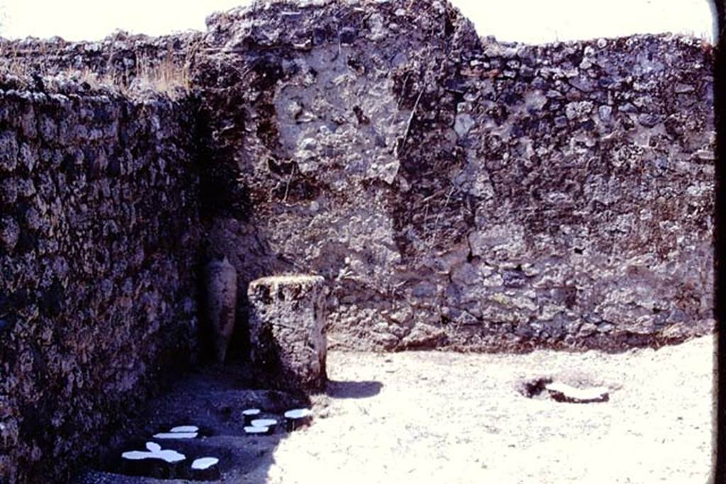 I.14.2 or I.20.5 Pompeii. 1974. Painted discs identifying root cavities near south-west corner, and masonry altar made from a large limestone block. In the corner, at the rear of the altar, the amphora is leaning against the wall. Photo by Stanley A. Jashemski.
Source: The Wilhelmina and Stanley A. Jashemski archive in the University of Maryland Library, Special Collections (See collection page) and made available under the Creative Commons Attribution-Non Commercial License v.4. See Licence and use details. J74f0715
According to Wilhelmina, “The large limestone block erected at the rear of the garden probably served as a rustic altar. There was great excitement when we found a few coins nearby, then a buried amphora with its mouth carefully closed with a stone.”
See Jashemski, W.F., 2014. Discovering the Gardens of Pompeii: Memoirs of a Garden Archaeologist, (p.193)