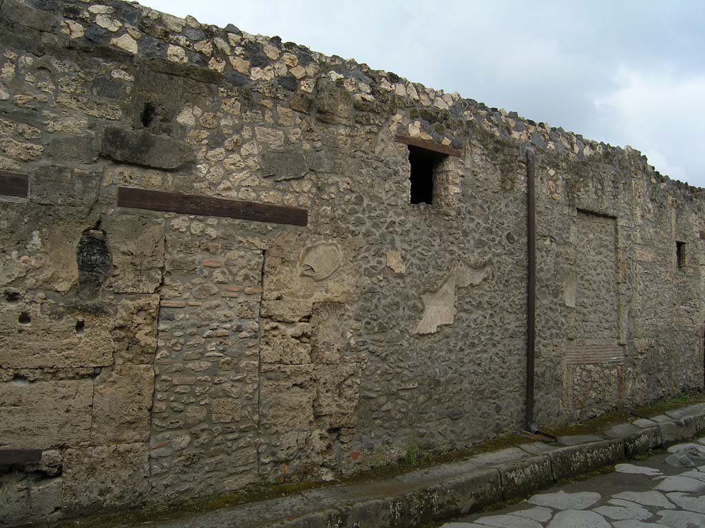 I.14.2/3 Pompeii. July 2008. Looking towards front façade on north side of entrance doorway of I.14.2, on left.
The front façade of I.14.3, on south side of its entrance doorway, is on the right.
Photo courtesy of Guilhem Chapelin.
