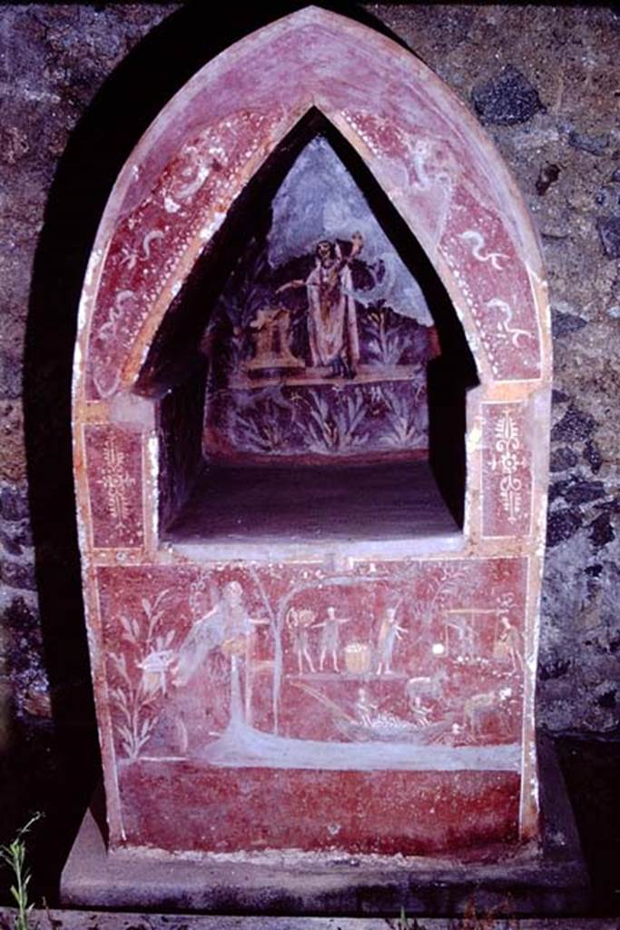 I.14.7 Pompeii. 1966. Lararium against south wall of garden area. Photo by Stanley A. Jashemski.
Source: The Wilhelmina and Stanley A. Jashemski archive in the University of Maryland Library, Special Collections (See collection page) and made available under the Creative Commons Attribution-Non Commercial License v.4. See Licence and use details.
J66f0500